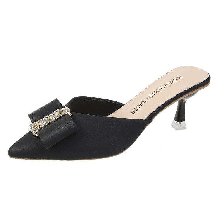 Women Slippers New Fashion hot High Heel Bow Design Versatile Pointed Toe Dia Triple Black Beige Green Free shipping