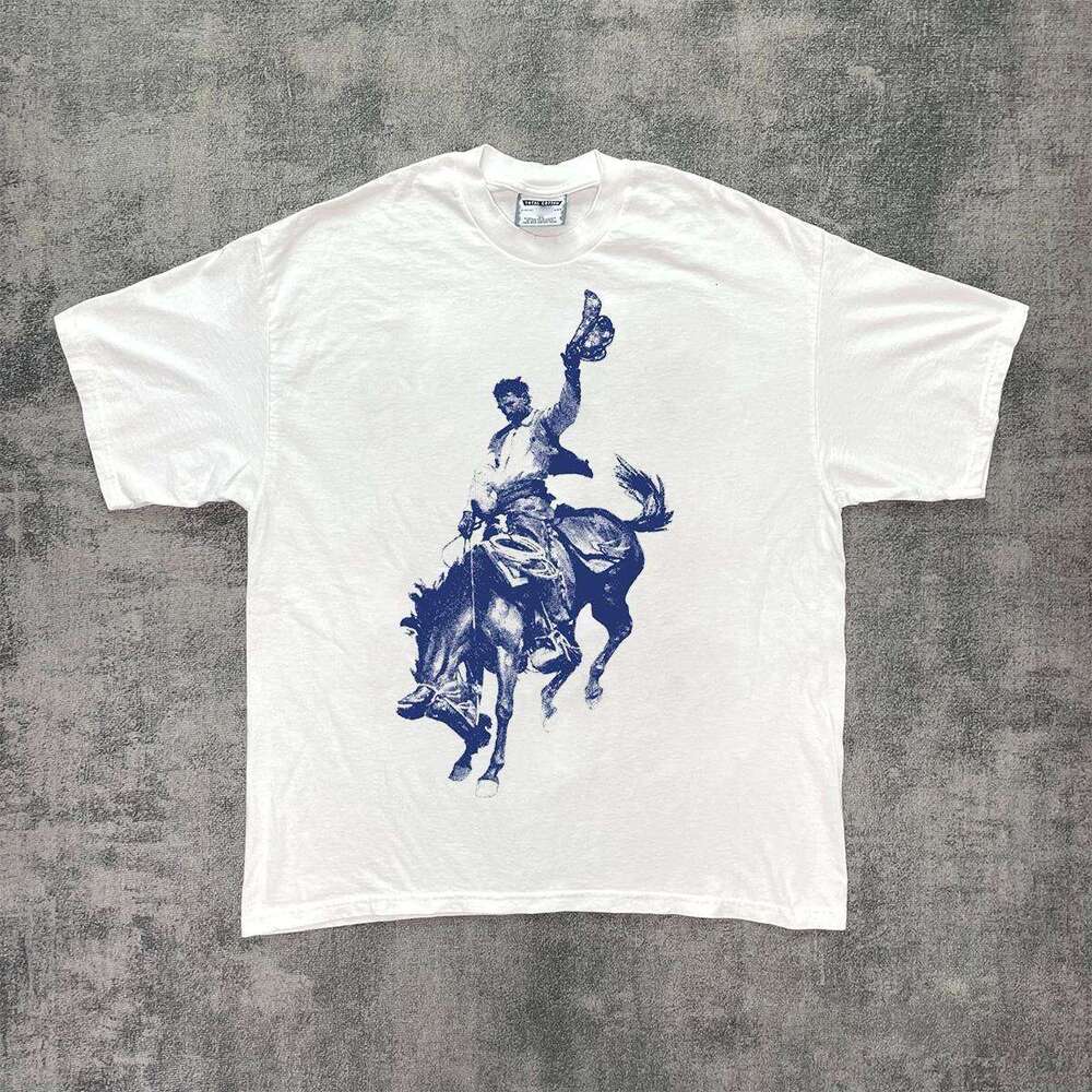 Summer small neckline American vintage hand-painted printed short T-shirt, street trend versatile, genderless half sleeved