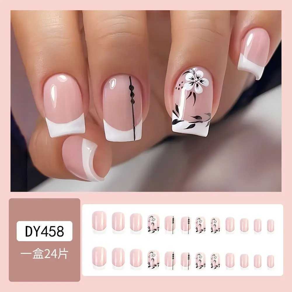 24pcs Short Square False Nails French Shining Crystal Glitter Ink Wavy Full Cover Detachable Nail TipsXJ250110