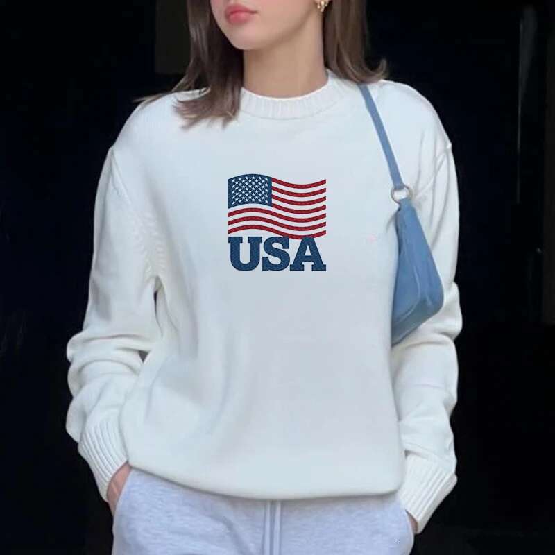 Women USA Letters Print Graphic Casual Aesthetic Sweaters Vintage Fashion Autumn Winter Haruku Streetwear Classic Clothes