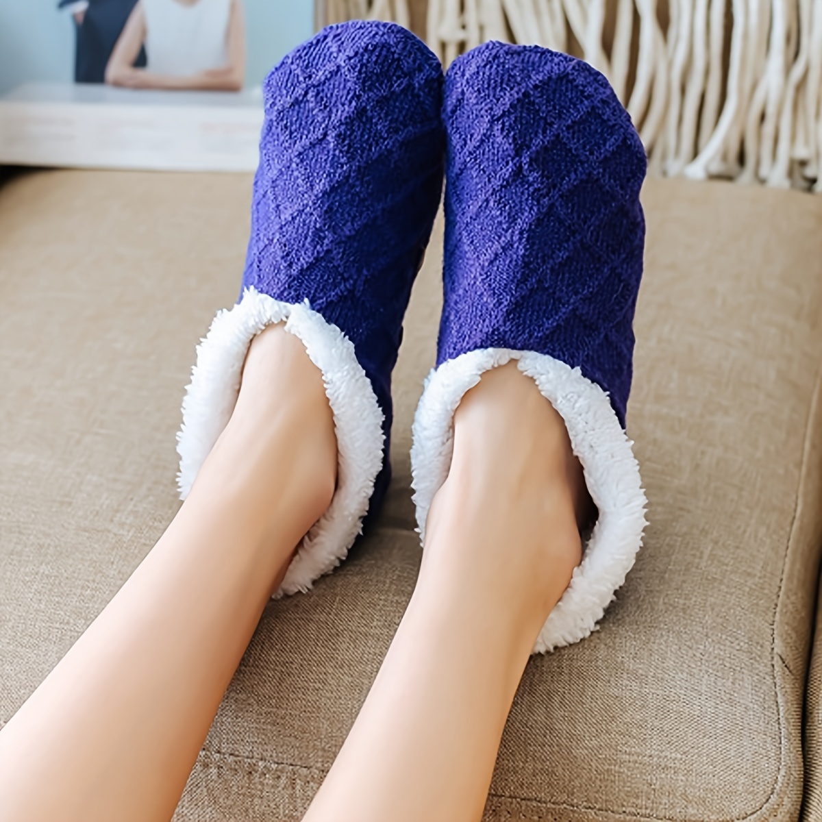 Women's Warm Solid Color Floor Socks Non Slip Plush Knitted Coral Fleece Socks No Show Socks
