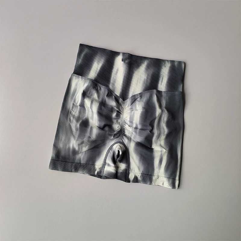 Aurora Fitness Shorts High Waist Abdomen Tightening Hip Showing Sports Tripartite Pants Tie Dyed Peach Hip Beauty Legging QuickXJ250111