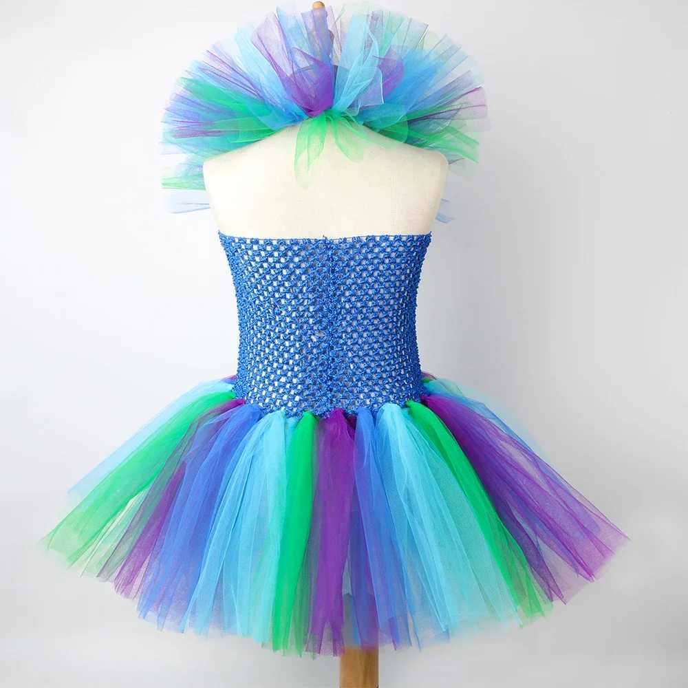 Girl Peacock Tutu Dress with Flower Feather Headband Fancy Peacock Princess Costume Childrens Halloween Carnival Par Purim Dress W250111