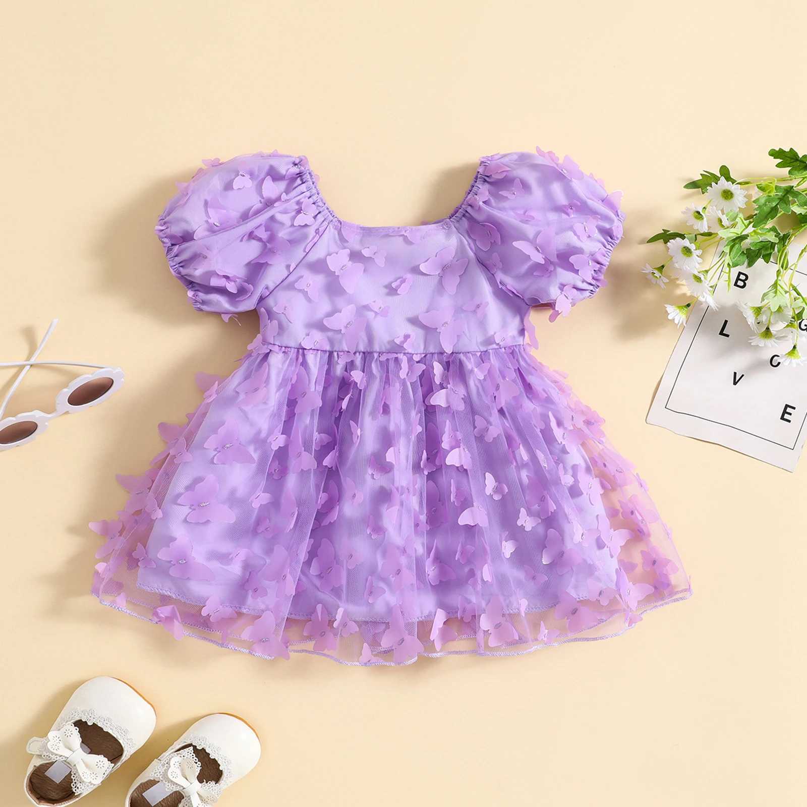 Pudcoco Preschool Baby Girl Summer Princess Dress Mini Bubble Sleeves 3D Butterfly Decorative Chiffon Dress 6M-4T W250111
