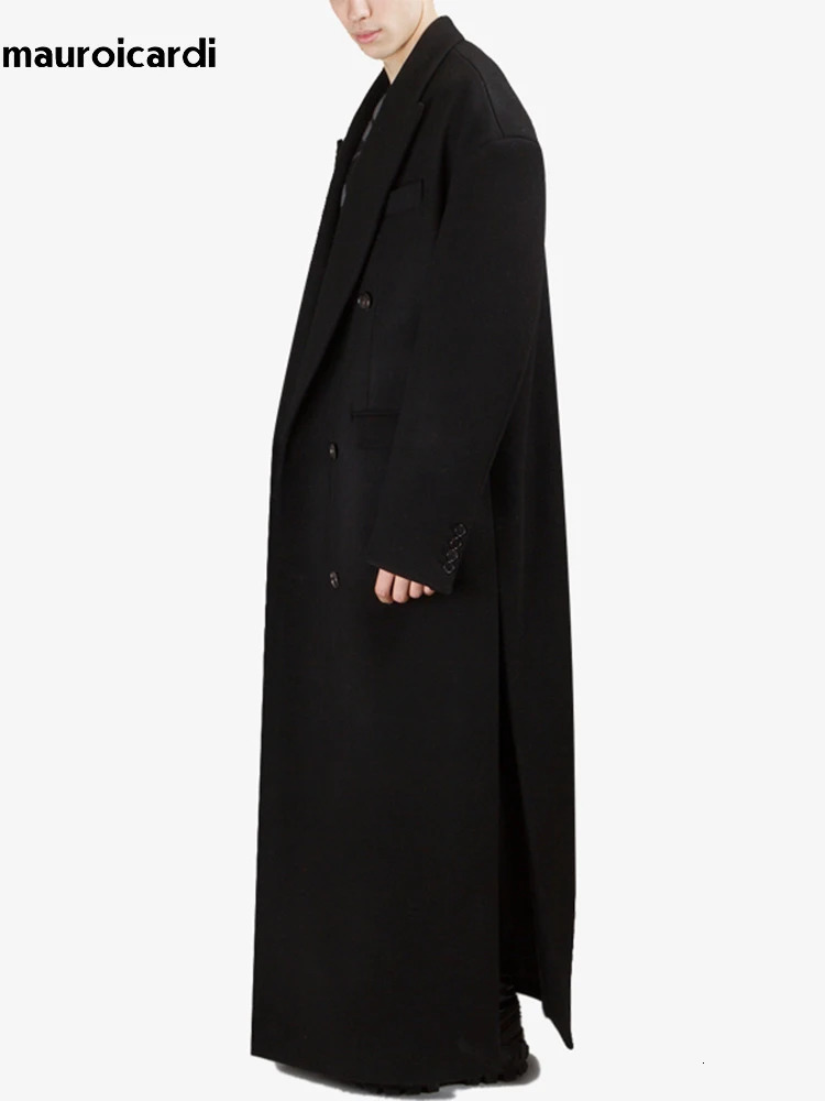 Mauroicardi Autumn Winter Long Black Oversized Thick Warm Soft Wool Blends Coat Men Double Breasted Korean Fashion 2023 250106