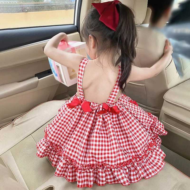 Summer girl Korean style dress with bow lace decoration Lolita princess dress square neckline girl plain printed dress sleeveless W250111