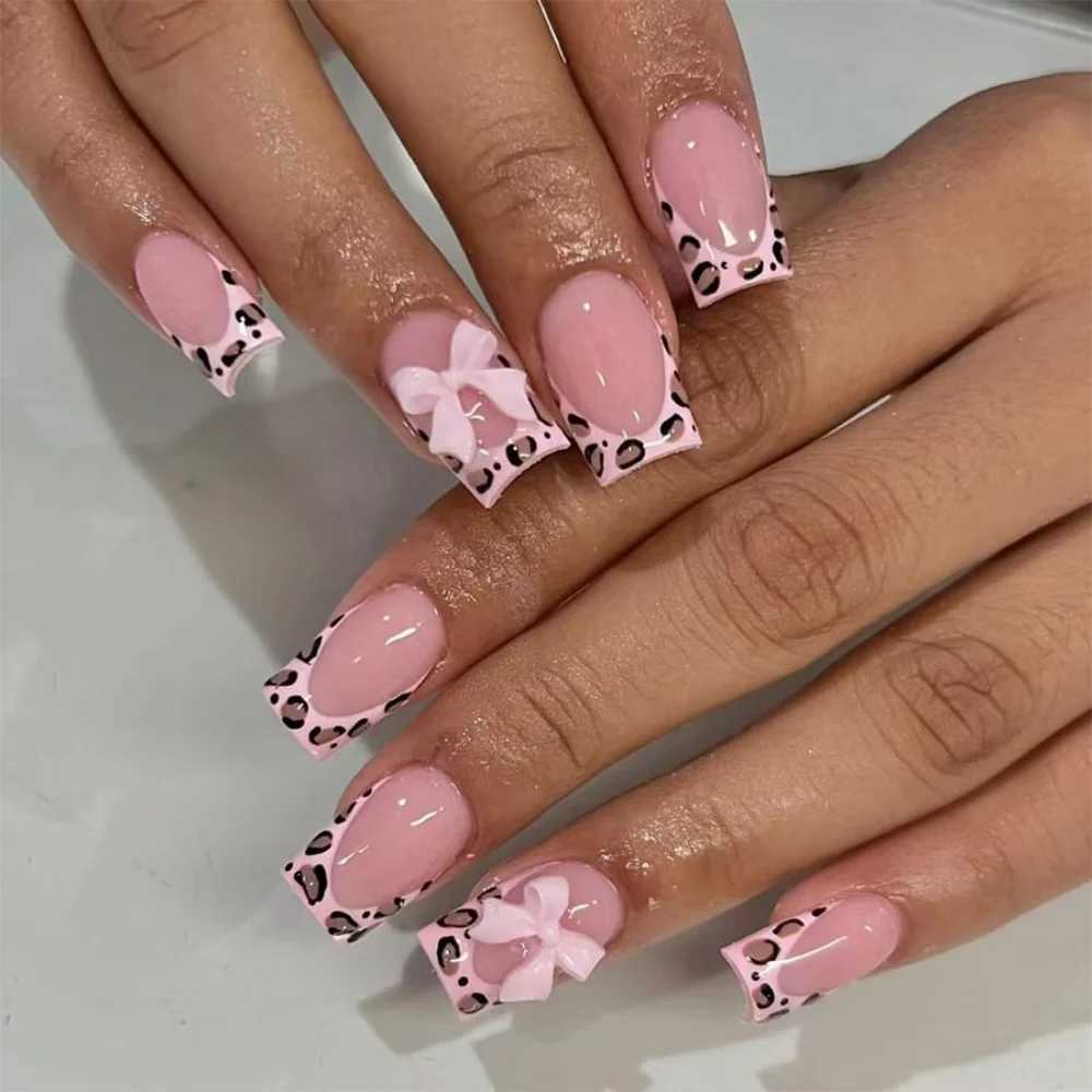 24pcs Pink Short Square Fake Nail Art Design Leopard Print French False Nail Wearable Simple Bow Stick on Press on Nails TipsXJ250110