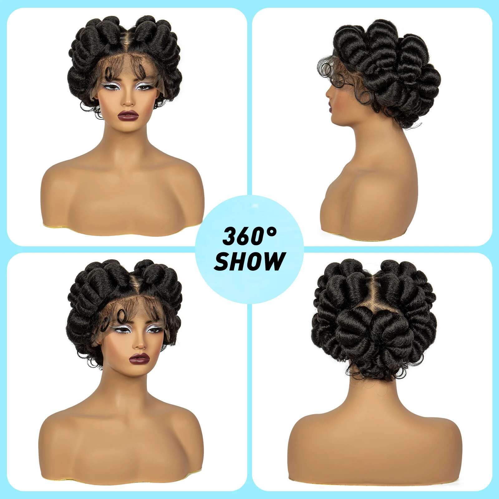 Natural Color 6Inch Transparent Full Short Cute Handmade Bantu Synthetic Braided Lace Wigs Knotless Braids Wig