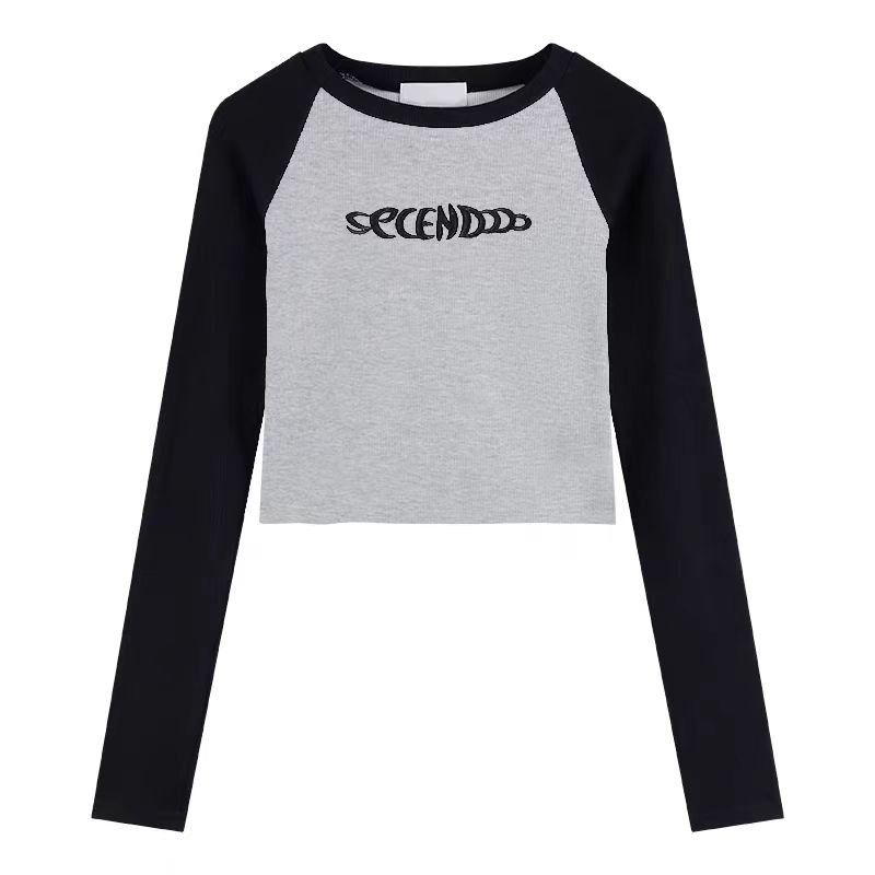 Patchwork Long Sleeve Tshirt Women Embroidery Crop Top Femal