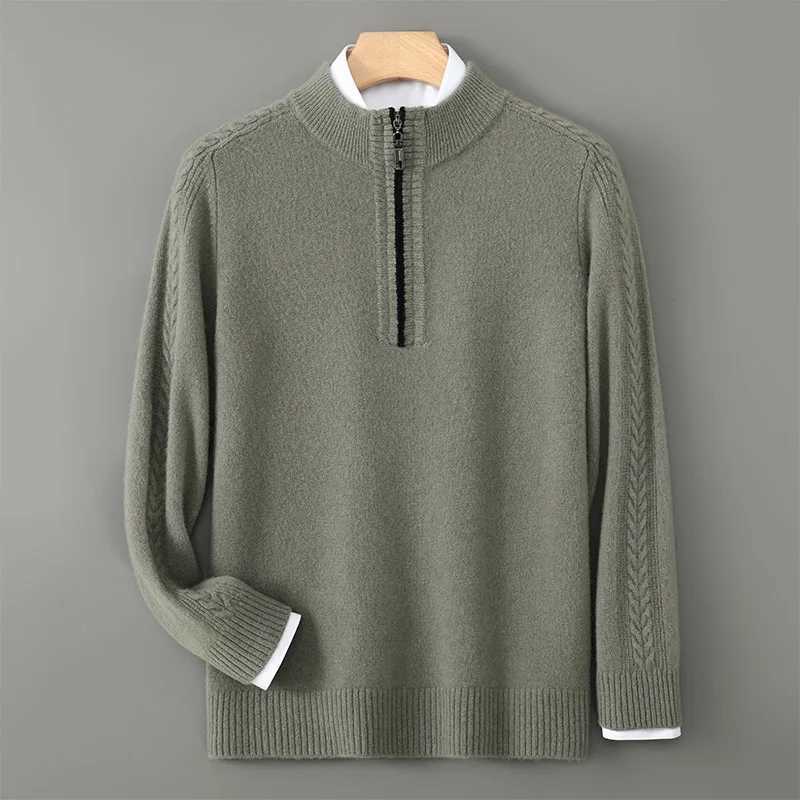 New autumn and winter mens pure wool knitted long sleeved pullover sweater with half high collar and thick zipper for warmth business and fashion W250