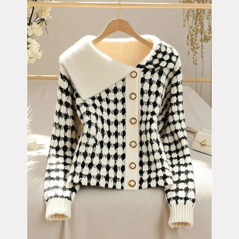 Turn-down Collar Knitting Cardigan Coat Women Autumn Winter Elegant Temperament Sweater Fashion All-match Trend Knitwear Tops 250106