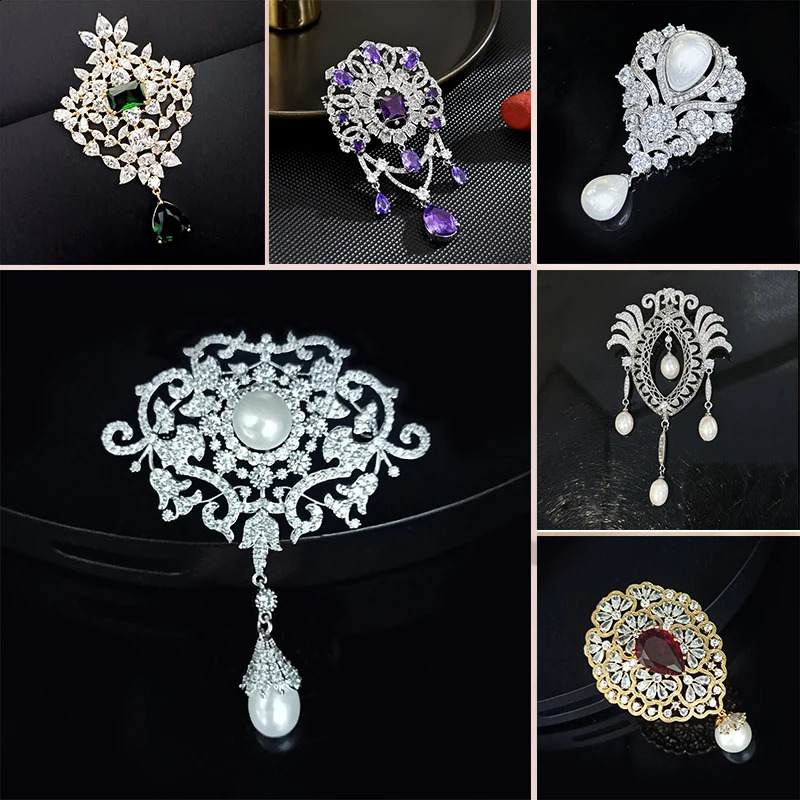 Retro Exaggerated Geometric Zirconia Pearl Tassel Brooch Pin Womens Coat Sweater Chain Accessori Exquisite Female Broche 250103