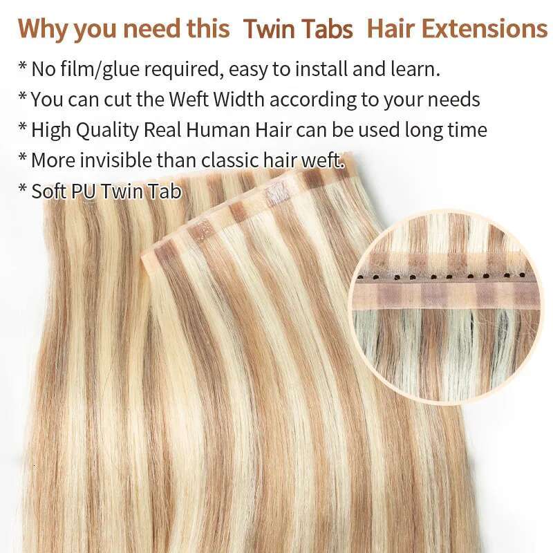 Invisible Hole Flat Pu Twin Tabs 25Cm Long Tape PU Weft Real Human Hair No Glue Microk Application 40-50G