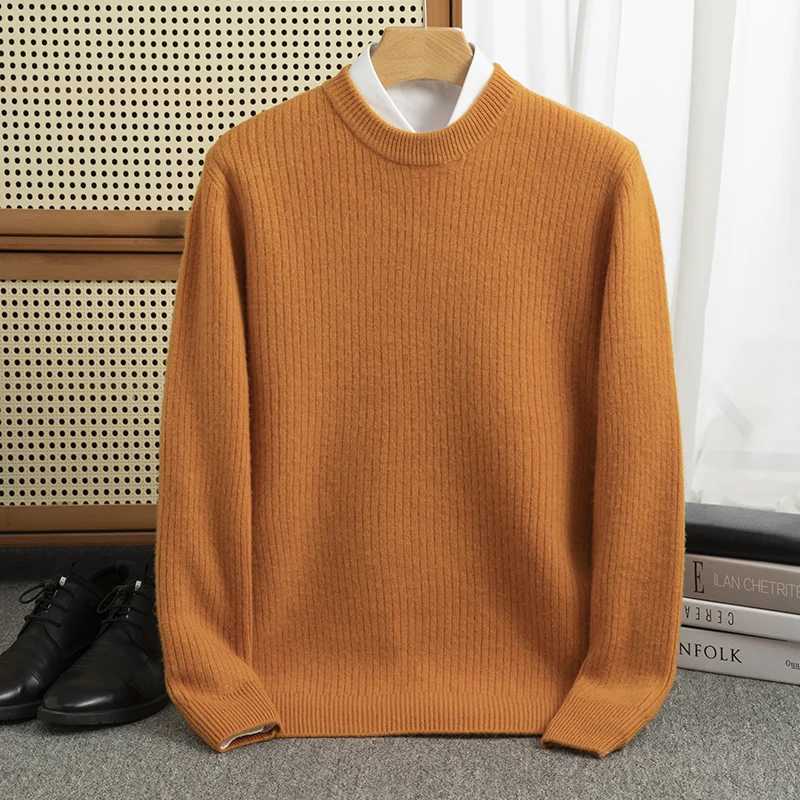 Vertical striped autumn and winter new Merino wool jacquard cashmere sweater mens O-neck jacquard warm bottom knitted top W250110