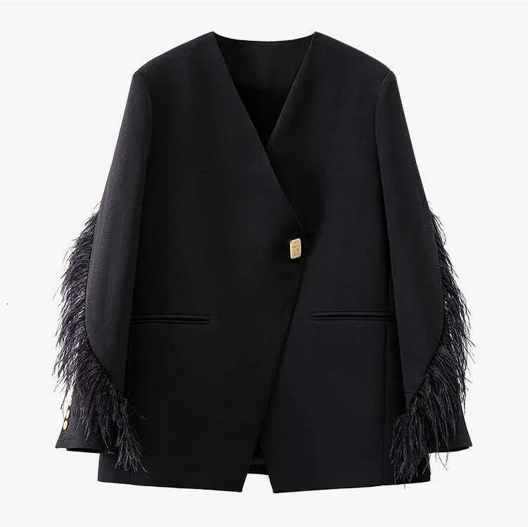 Women's Spring And Autumn New Splicing Feather Black Suit High End Fashion Temperament Contour Design Loose Blazer Coat