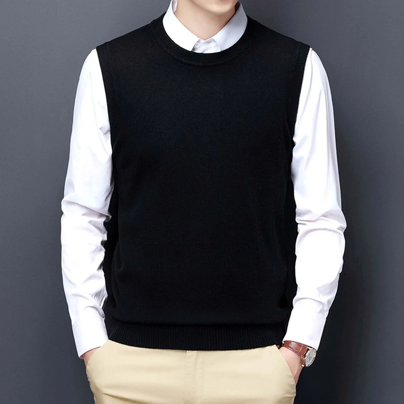 Men Sweater Vest Korean Round Neck Business Casual Fitted Version Black Light Grey Sleeveless Knitted Top Male AllMatch 250107