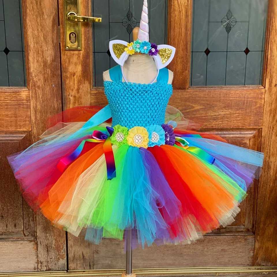 Girl Rainbow Tutu Dress Childrens crochet floral chiffon dress with hair Childrens birthday cosplay Par clothing W250111