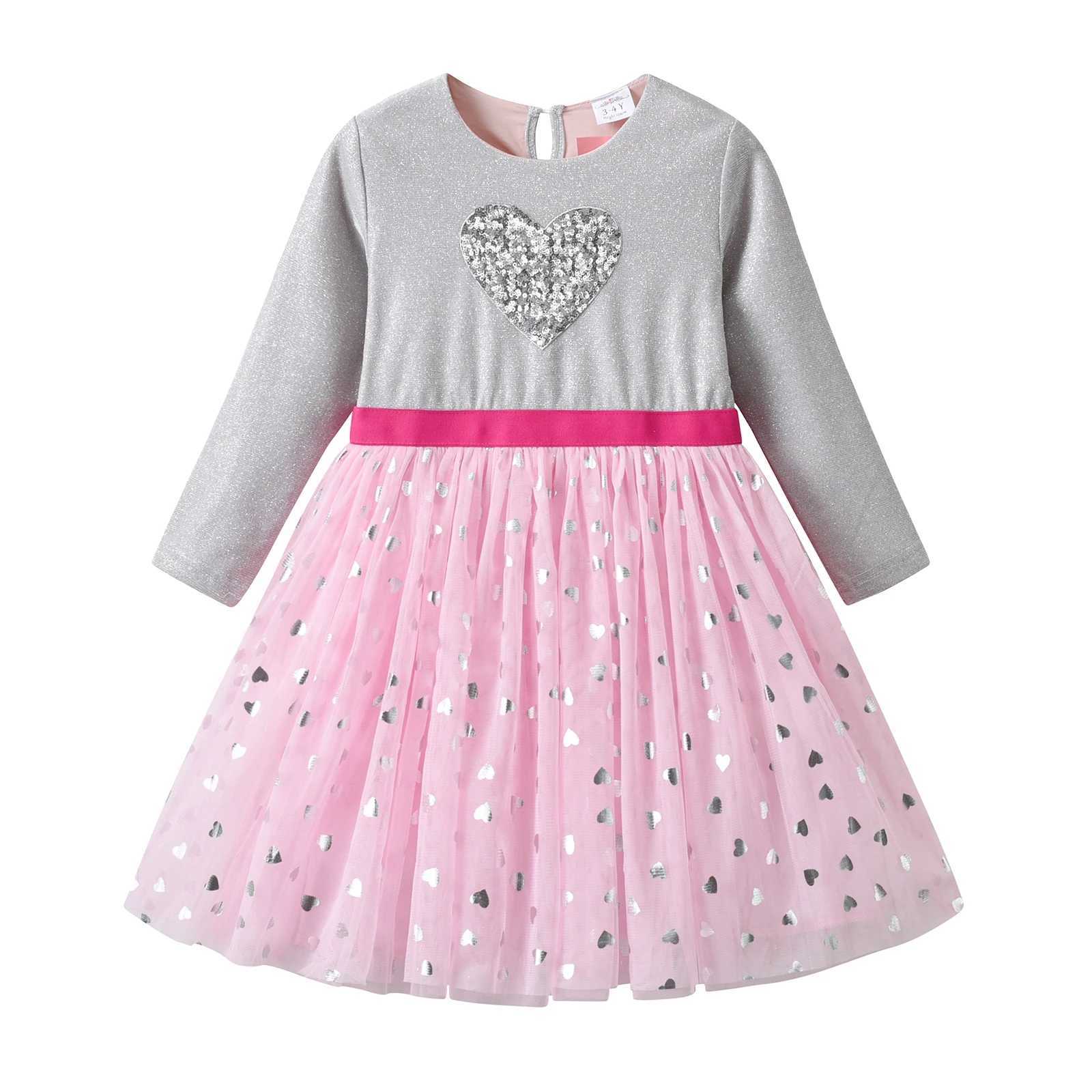 VIKITA childrens heart-shaped design sequin dress childrens long sleeved autumn princess mesh chiffon elegant dress 3-12 years W250111