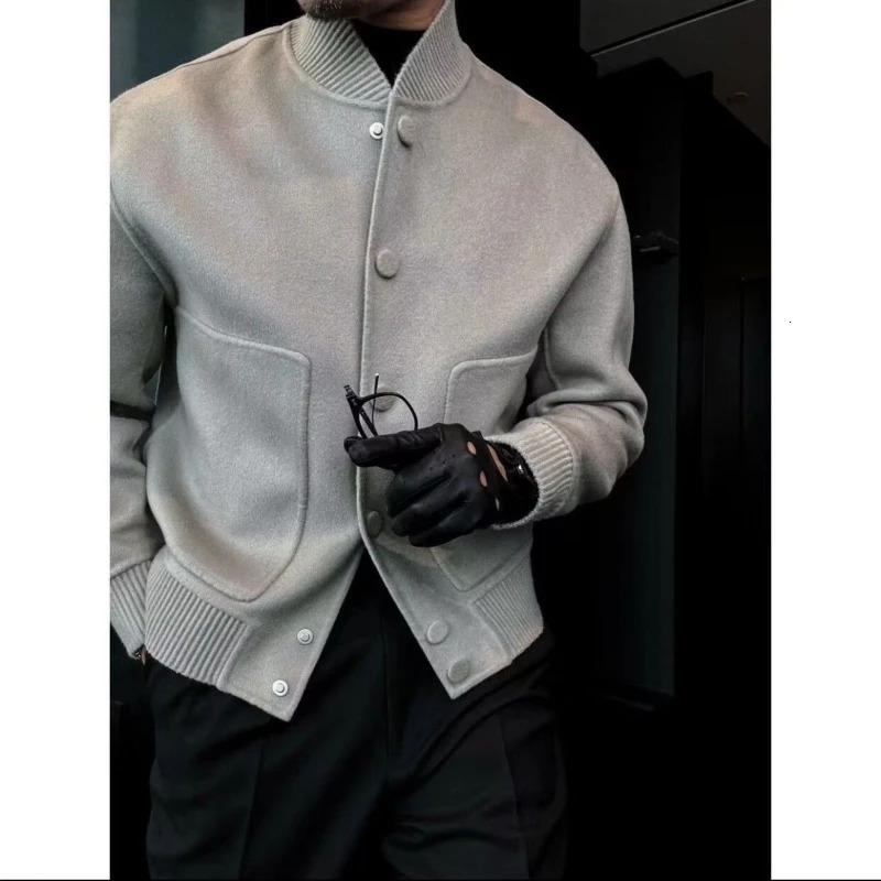 Mens Woolen Coat Fashion Solid Color Stand Up Collar Versatile Trendy Jacket 250107