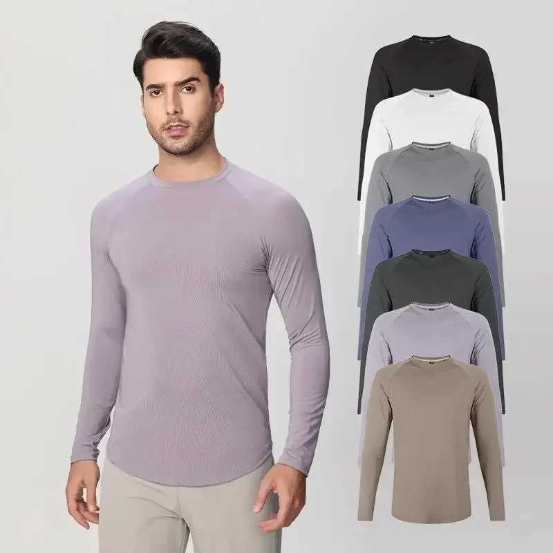 Sports running mens long sleeved T-shirt with curved hem warm gym workout clothes quick drying and breathable training round neck top W250111