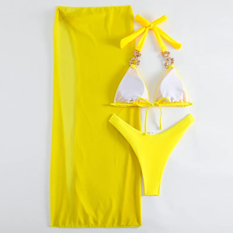 Yellow sexy rhinestone bikini 2025 womens swimsuit womens swimsuit Brazilian bikini set beachwear 250110