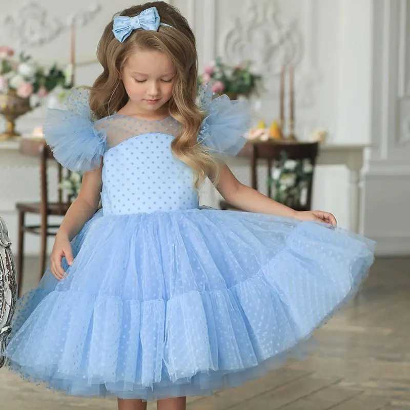 Childrens polka dot pink mesh dress floral girl wedding Tutu fluffy Vestidos princess birthday party dress W250111