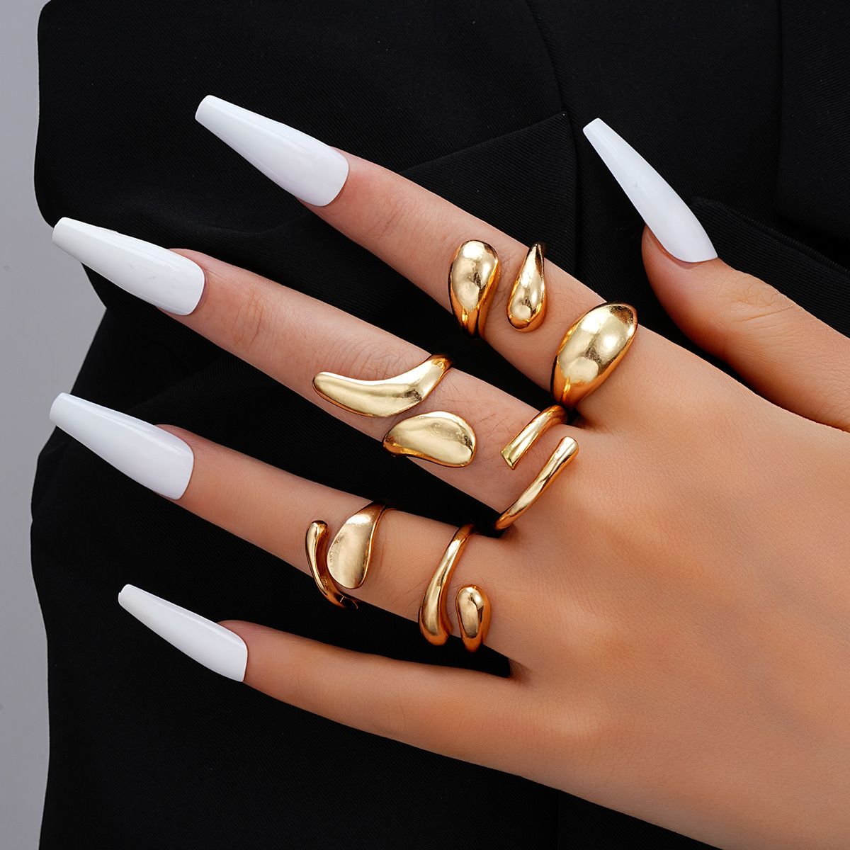 designer ring Explosive irregular droplet ring, niche metal texture smooth ring, exaggerated geometric opening ring, 6-piece set