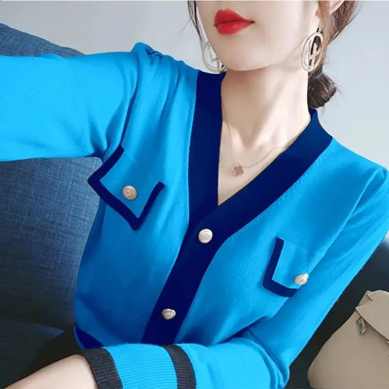 Spring Autumn Fashionable Knitting Cardigan Fashion All-match Sweater Ladies V-neck Long Sleeve Top Tee Women Clothes 250106
