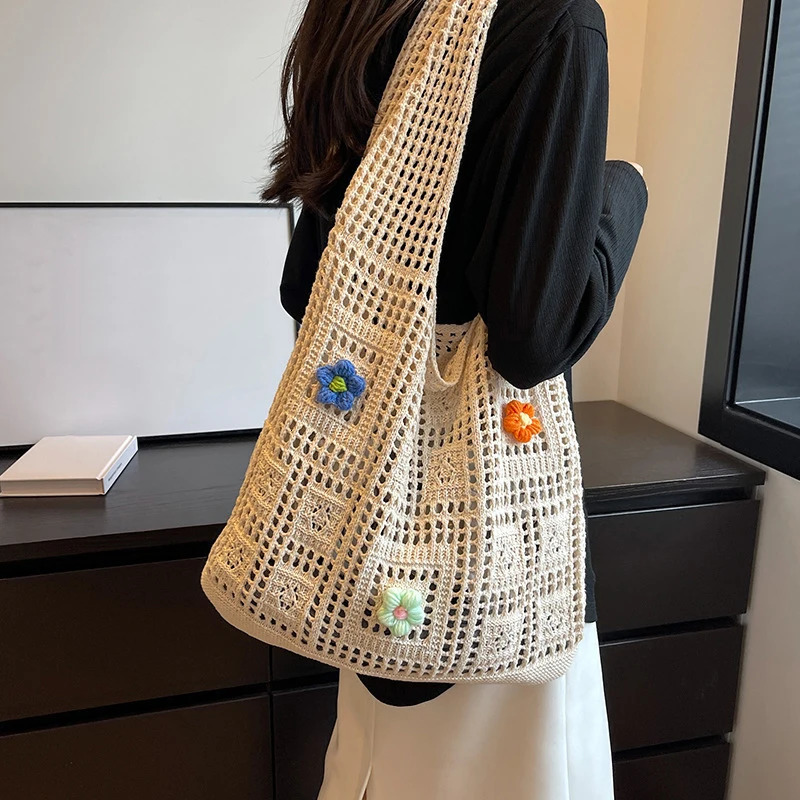 Flower Knitted Handbags Female Large Capacity Womens Pack Summer Beach Bag Purses Hollow Woven Shoulder Bags 250107