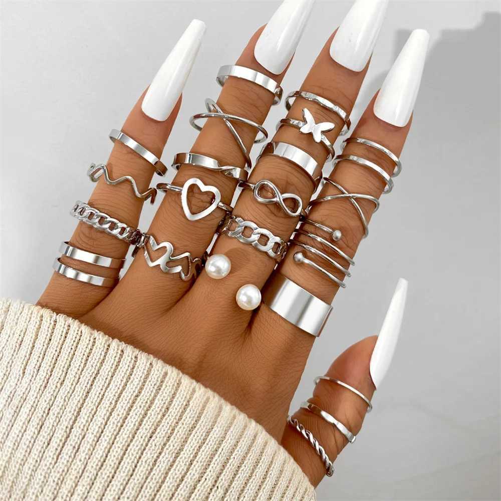 22PCS/Set Vintage Silver Color Metal Infinity Heart Cross Rings for Women Female Geometric Twist Metal Ring Set Fashion JewelryXJ250110