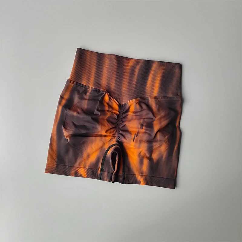 Aurora Fitness Shorts High Waist Abdomen Tightening Hip Showing Sports Tripartite Pants Tie Dyed Peach Hip Beauty Legging QuickXJ250111