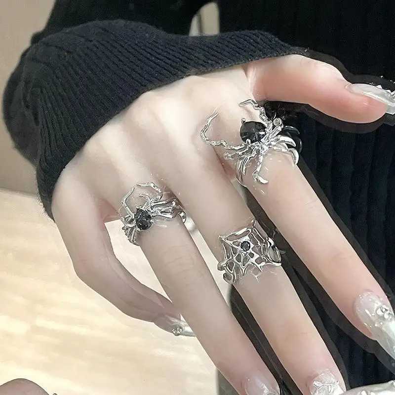 Gothic Irregular Spider Web Zircon Ring Punk Black Crystal Grenge Ring Dark Spider Animal Gothic Womens Jewelry Open Ring W250111
