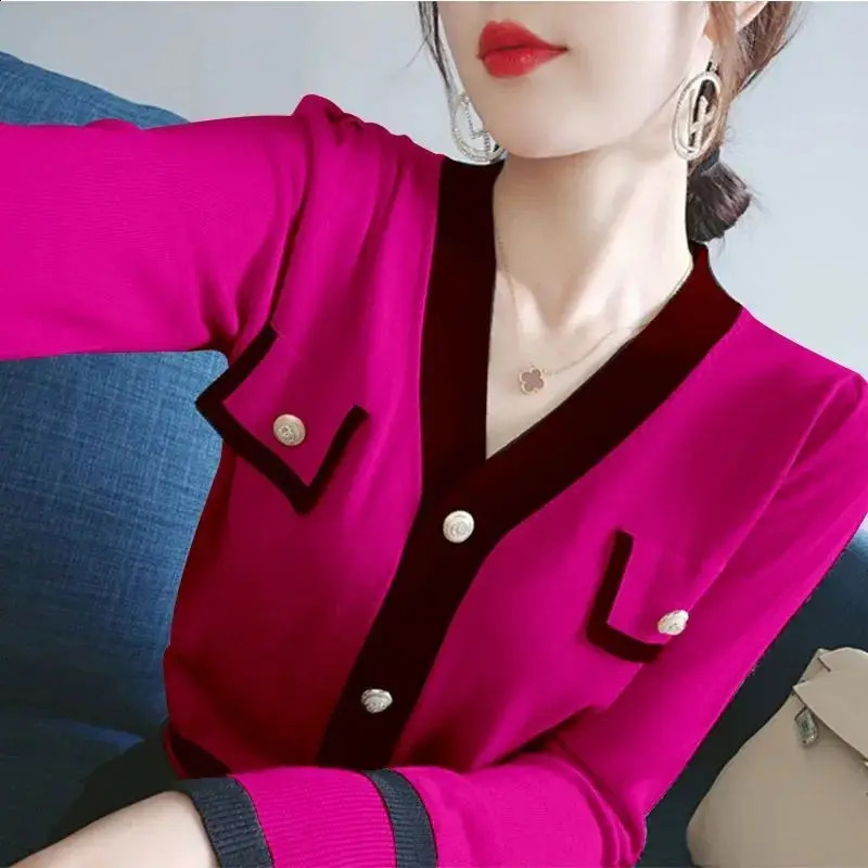 Spring Autumn Fashionable Knitting Cardigan Fashion All-match Sweater Ladies V-neck Long Sleeve Top Tee Women Clothes 250106