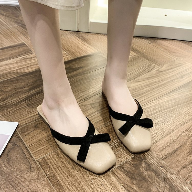 Women Slippers Flat Bottom New Fashion Bow Design Korean Version Outdoor Wear Square Toe Triple Beige Apricot Free shipping