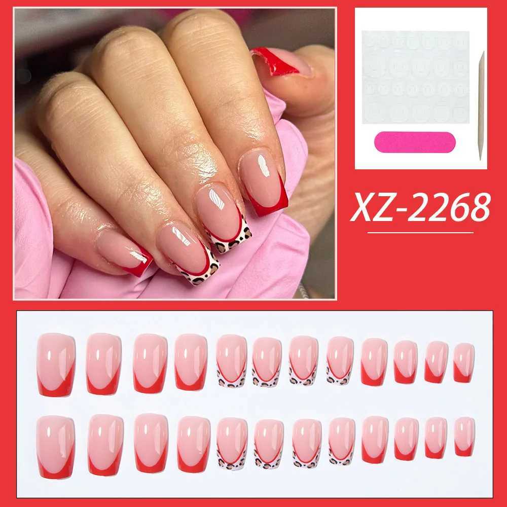 24pcs short square fake nails sexy leopard print red edge French bright design fake nails full cover fake nails white detachaXJ250110