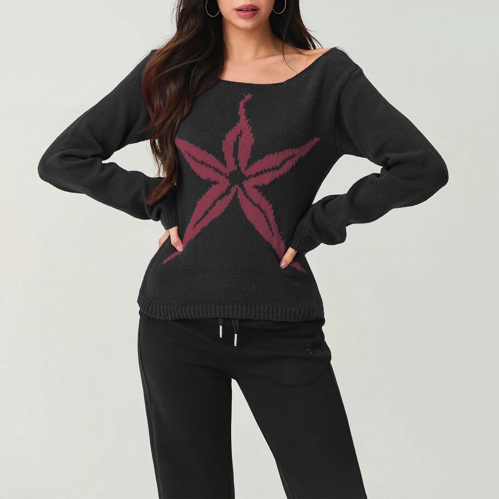 Vintage Graphic Print Off Shoulder Sweater Women's Long Sleeve Knit Tops Haruku Streetwear Grunge Slim Fit Cropped Jumpers