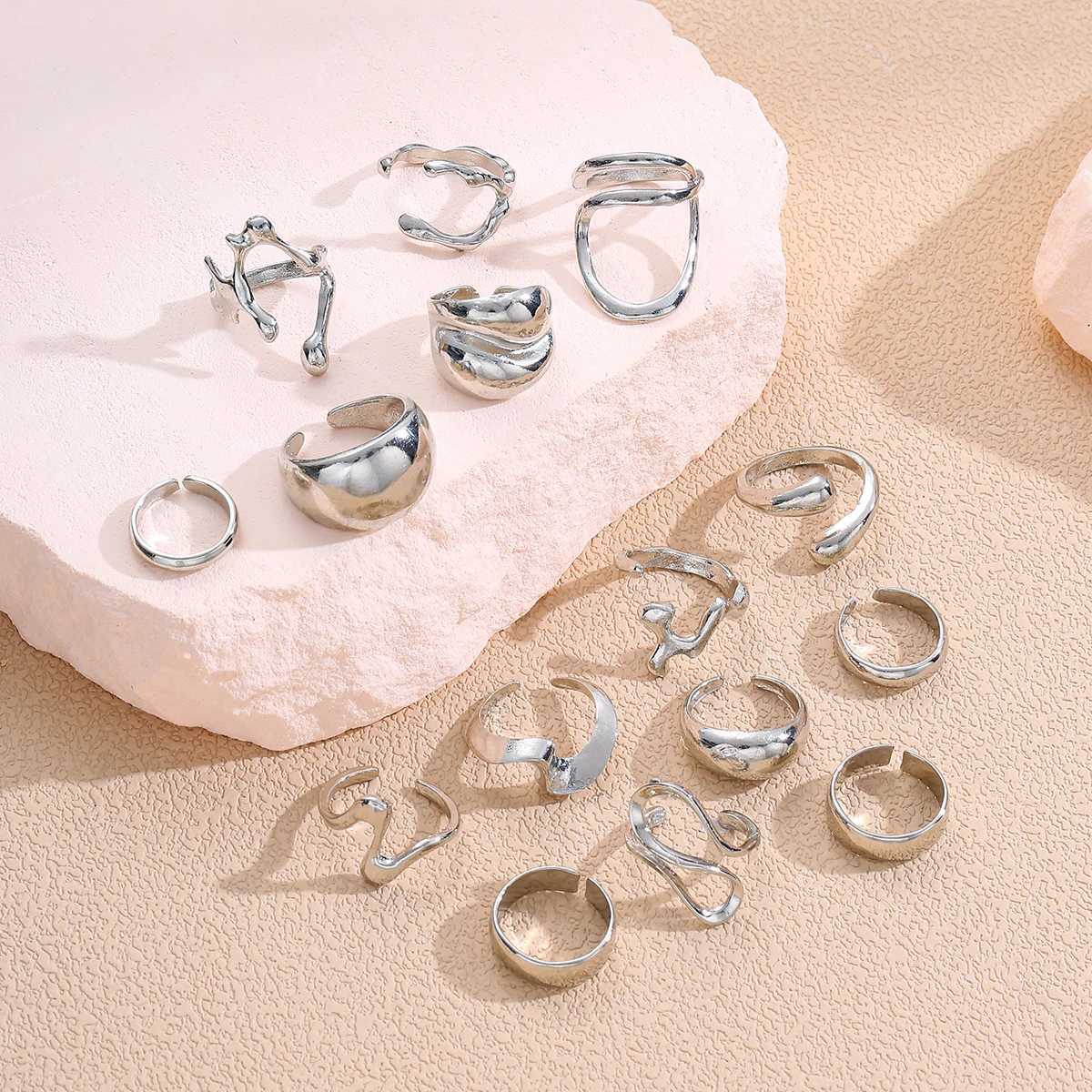 15Pcs Punk Smooth Geometric Open Rings Set For Women Exaggerated Irregular Silver Color Thick Chunky Ring Hip Hop Jewelry GiftsXJ250110