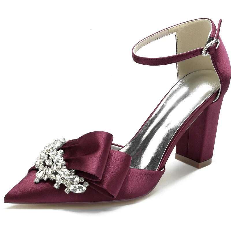 Satin Designer Crystal High Heeled Women Pointed Toe Rhie Chunky Party Dress Fashion Jewel Wedding Shoes