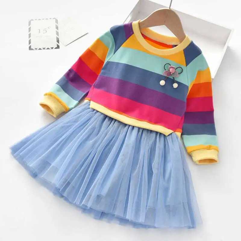 Baby girl dress princess autumn sweater wool Gauze Tutu dress childrens clothing long sleeved rainbow striped dress W250111