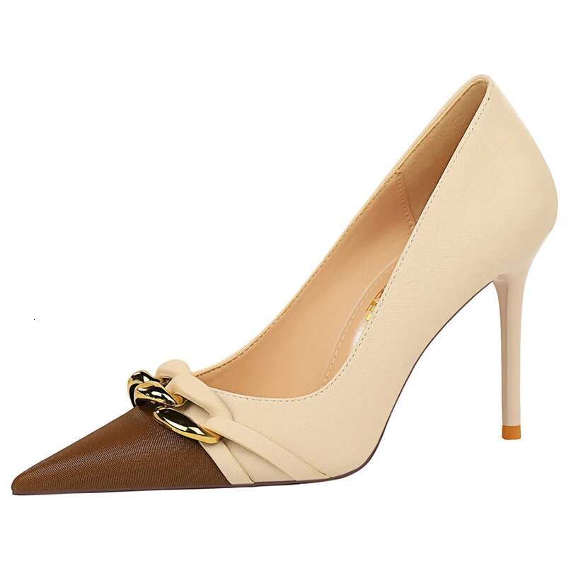 Banquet High Slim Heels, Light Cut, Shoes, Single Shoes Color Blocked, Pointed Metal Chain Decoration, Women's