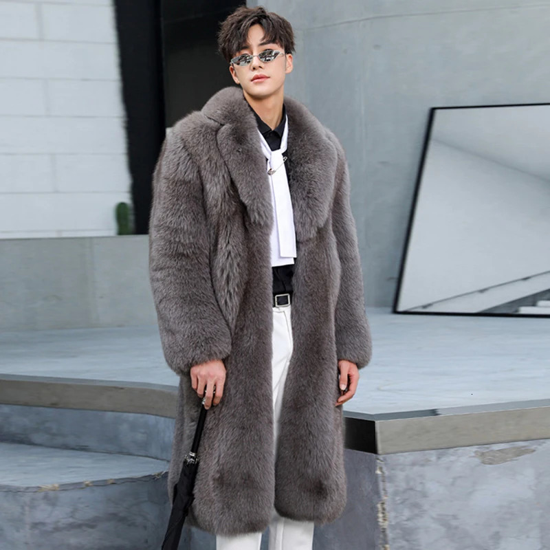 PFNW Autumn Winter Mens Black Lapel Faux Fur Coat Thickened Warm Knee Length Overcoat 2024 Trend Cardigan Coats 12C1886 250107