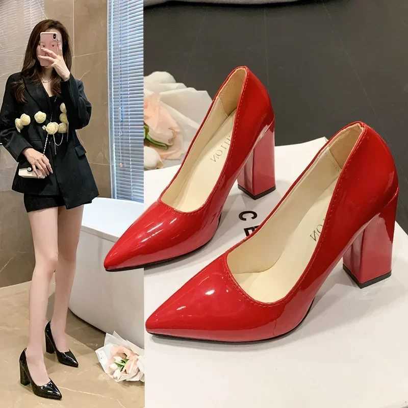 New Arrival Square Heels Pumps Womens Shoes Patent Leather Sexy Wedding Party Official Casual Super Size Szie T250110