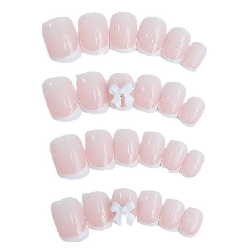 24Pcs White French Press On Nails 3D Bow Full Coverage Wearable False Nails Suitable for Women and Girls DIY Nail ArtXJ250110