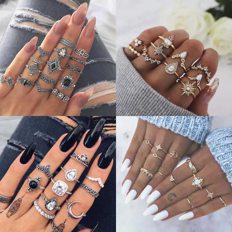 Vintage Boho Finger Rings Set Moon Snake Crystal Midi Kunckle Ring For Women Wedding Party Jewelry AccoriesXJ250110