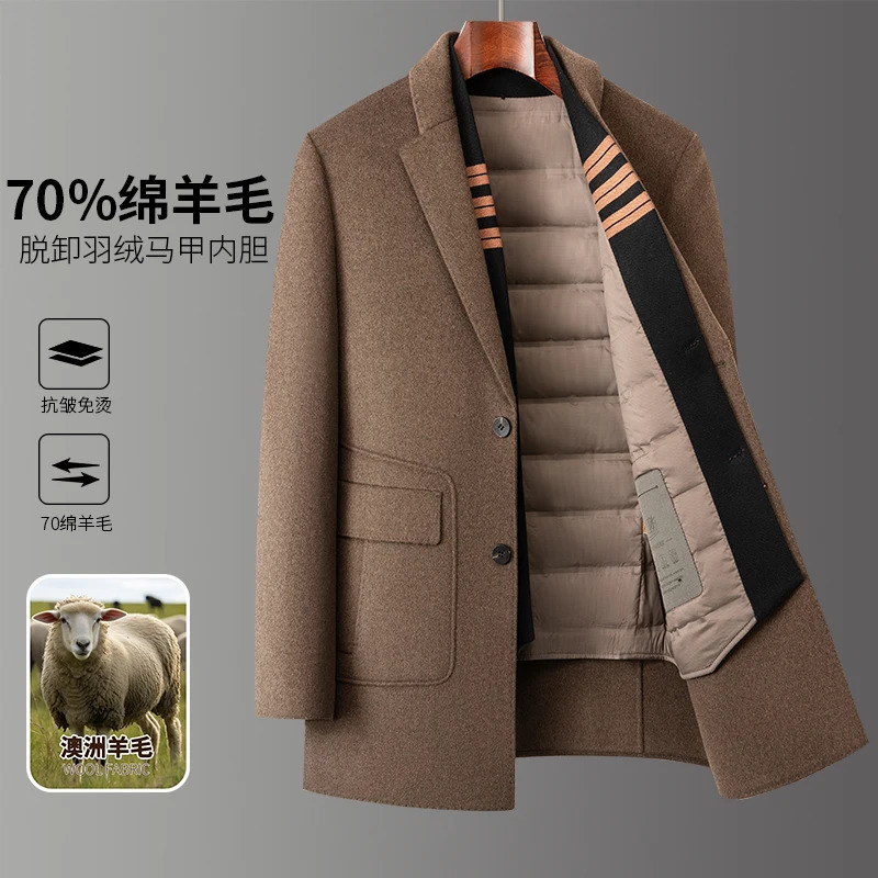 AutumnWinter Mens Double sided Fleece Coat 70 Wool Quality Fabric Detachable Down Inner Tank Business Leisure Warm 250106