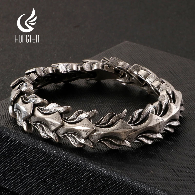 Fongten 17mm wide dragon chain bracelet mens stainless steel charm mens bracelet antique silver jewelry 250109
