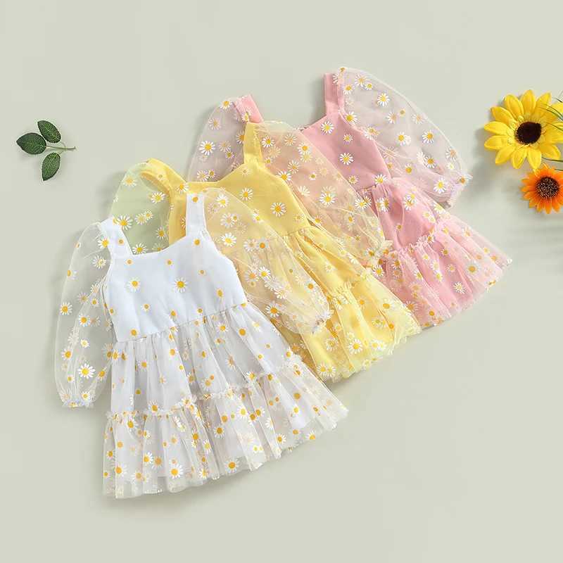 0-3 year old toddler baby girl Tutu Princess A-Line dress cute daisy print autumn long sleeved lace pleated mesh chiffon Par dress W250111