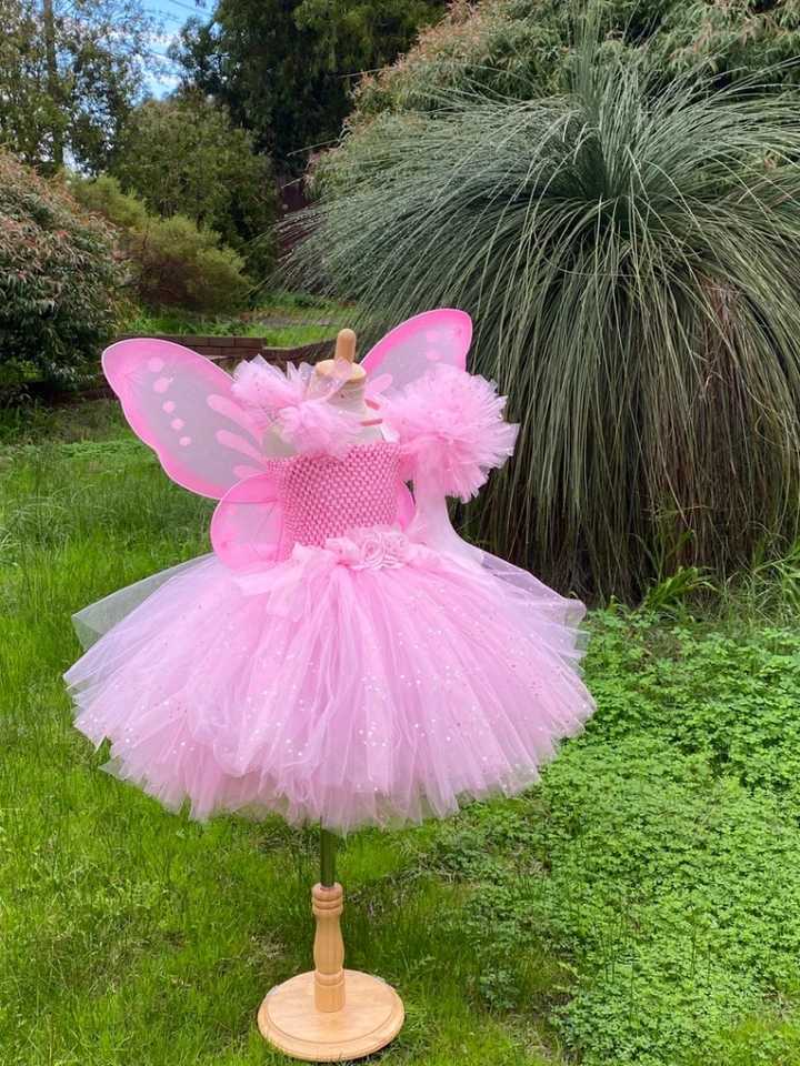 Girl Pink Fairy Dress Childrens Sparkling Picture Flower Dress with Wings and Stick Hair Childrens Birthday Halloween Par Costume W250111