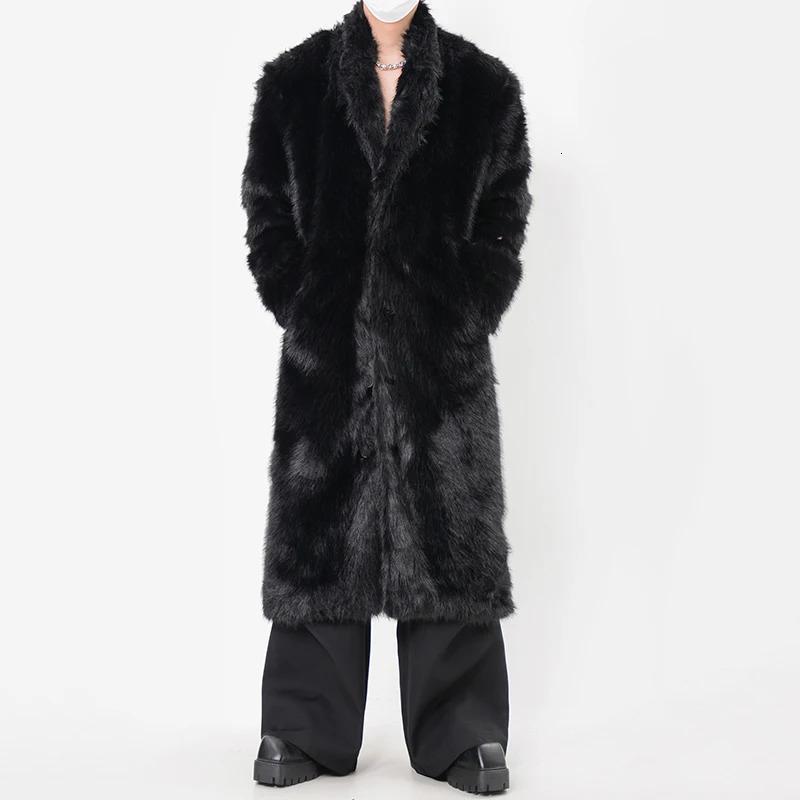 FEWQ Mens Warm Fur Coat Over Knee Plush Windbreaker Thickened Winter 2024 Solid Color Long Sleeve Male Tops Fashion 250107