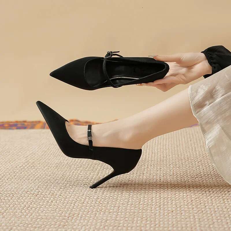 Black New French Style Mary Jane High Heels With Thin Heels, Pointed One Piece Buckle, Fashionable Single Shoes